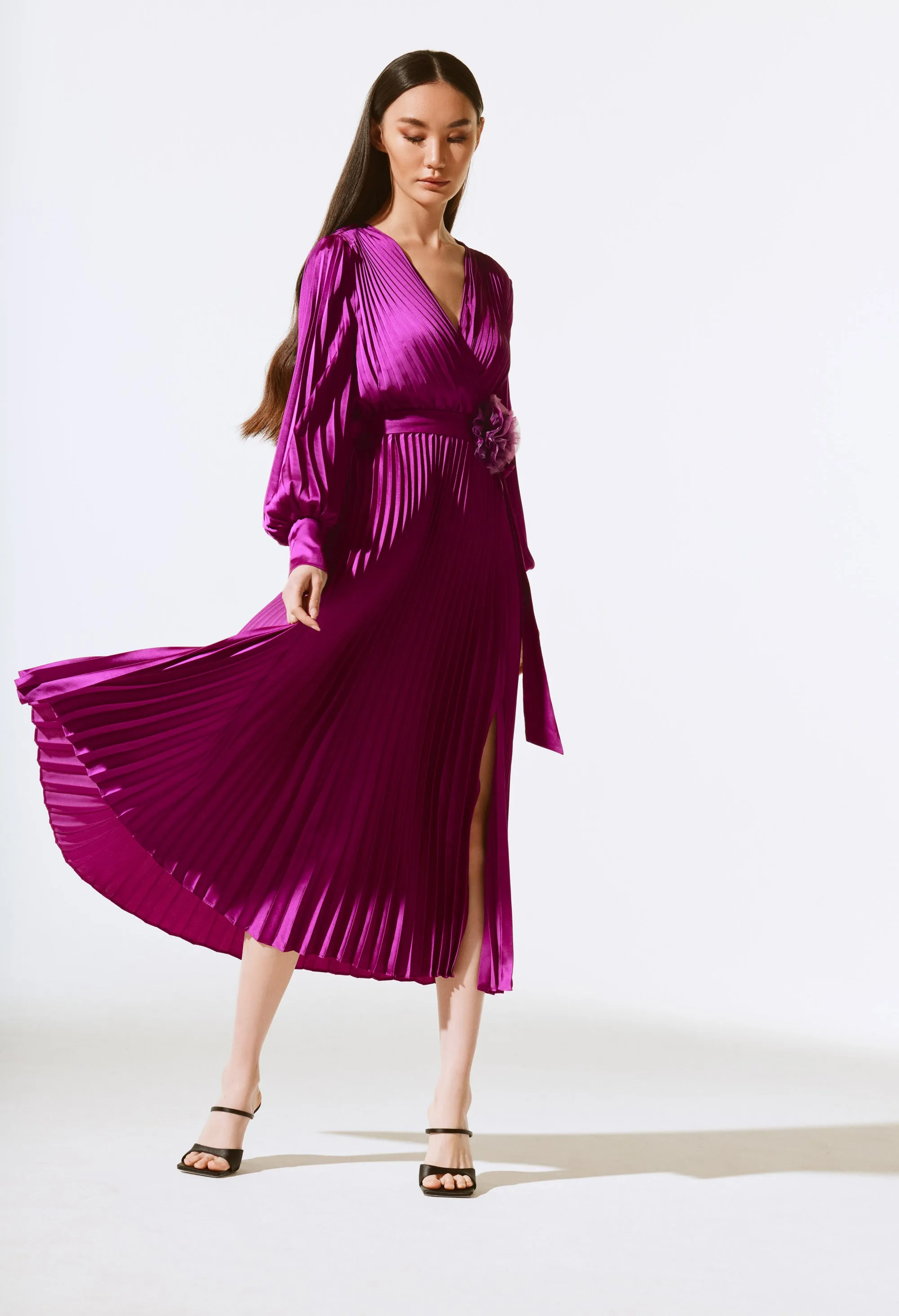 Pleated Wrap Midi Dress