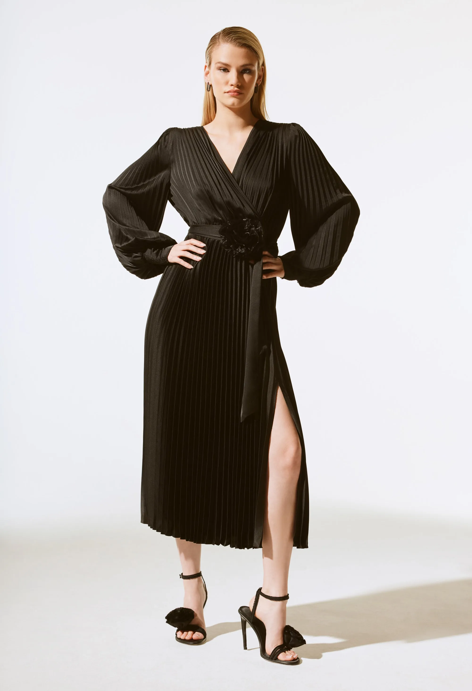 Pleated Wrap Midi Dress