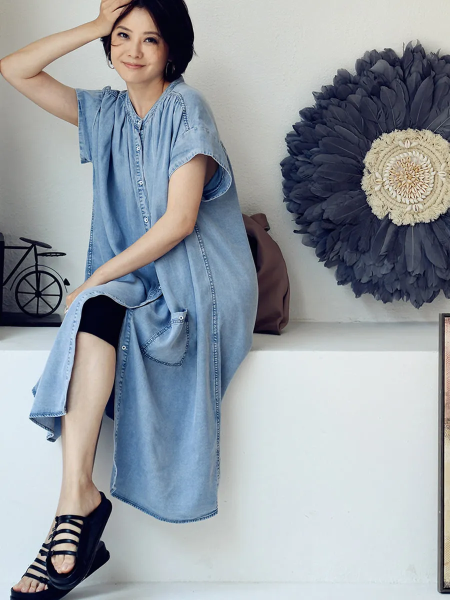 Plus Size Women Summer Casual Solid Blue Denim Dress HH030