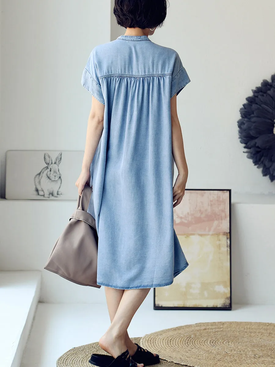 Plus Size Women Summer Casual Solid Blue Denim Dress HH030