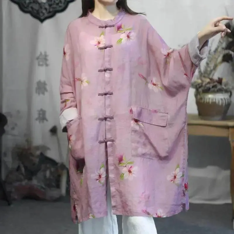 pocket shirt for women Pink Loose Ramie Shirt with Abstract Print