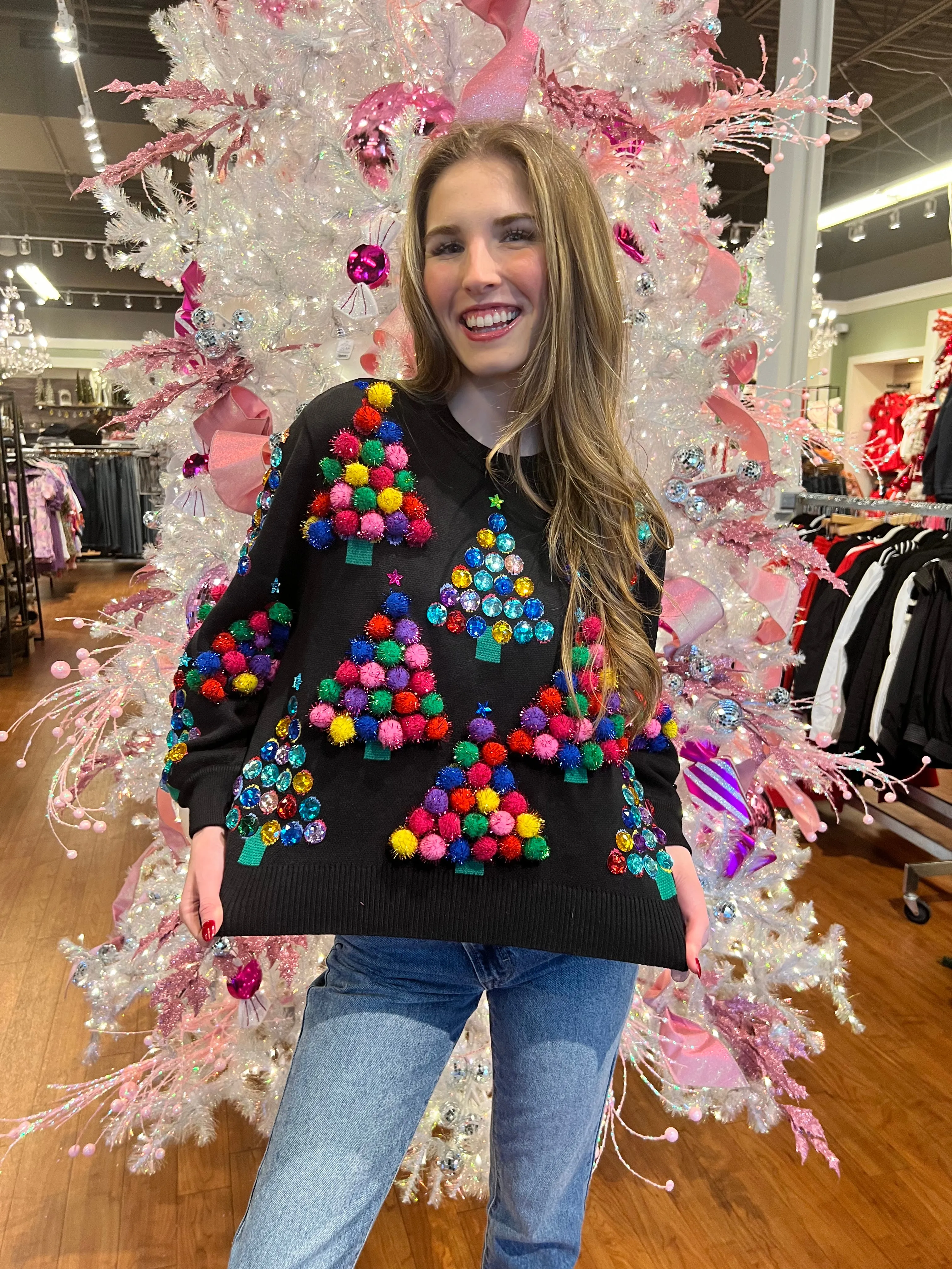 Pom Pom and Jeweled Christmas Tree Sweatshirt