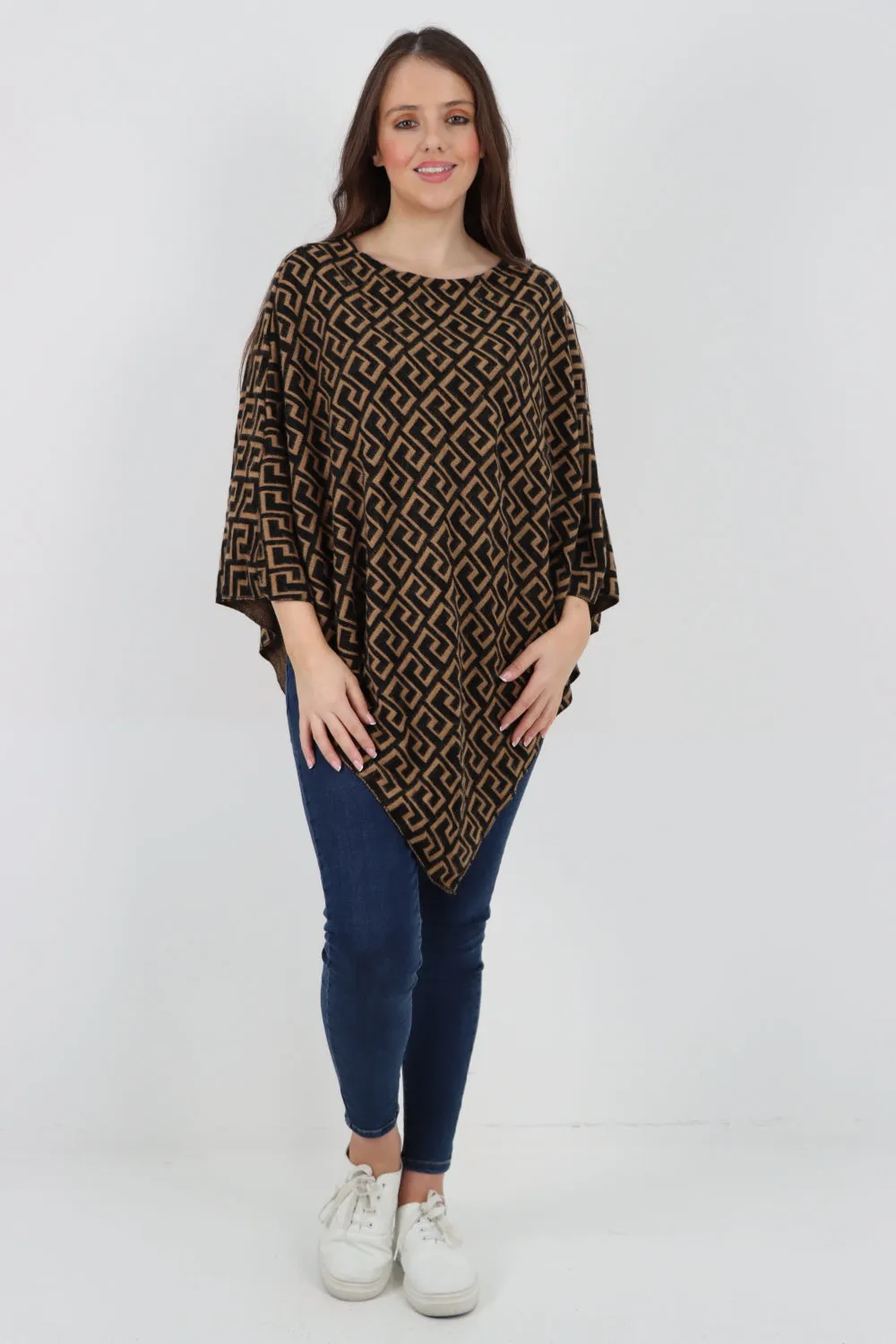 Printed Round Neck Poncho Top