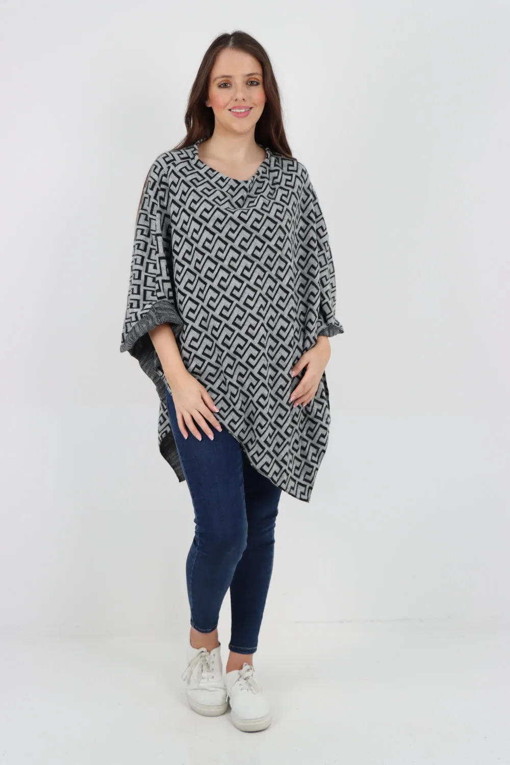 Printed Round Neck Poncho Top