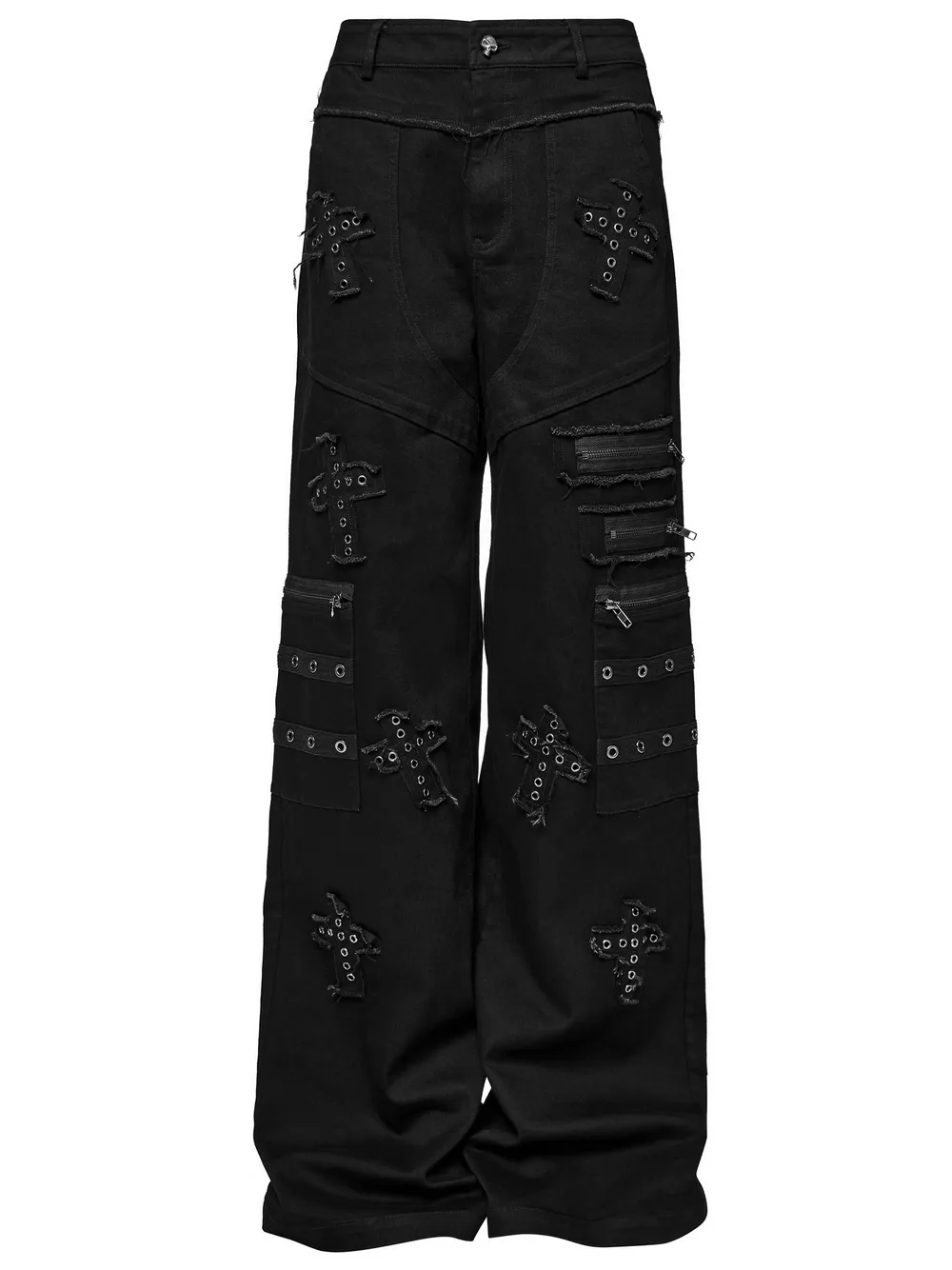 Punk Straight-Leg Denim Pants with Cross Patch Details