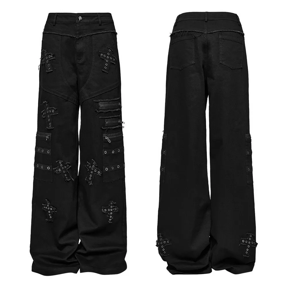 Punk Straight-Leg Denim Pants with Cross Patch Details