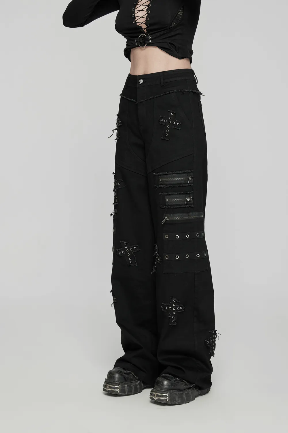 Punk Straight-Leg Denim Pants with Cross Patch Details