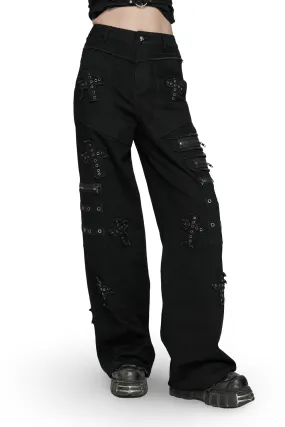 Punk Straight-Leg Denim Pants with Cross Patch Details