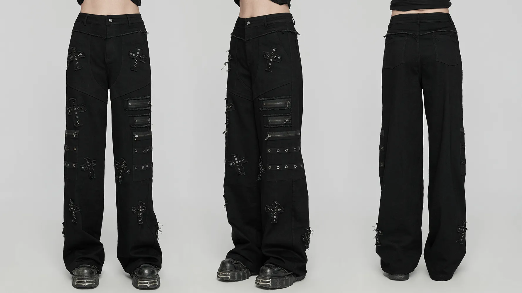 Punk Straight-Leg Denim Pants with Cross Patch Details