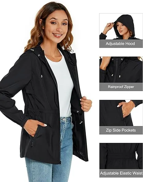 Rapbin Raincoat Women Waterproof Jacket Lightweight Rain Coats Outdoor Rain Trench Coat Packable Hooded Raincoats with Pocket