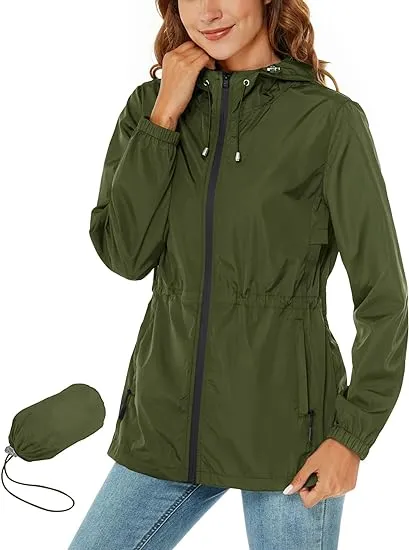 Rapbin Raincoat Women Waterproof Jacket Lightweight Rain Coats Outdoor Rain Trench Coat Packable Hooded Raincoats with Pocket