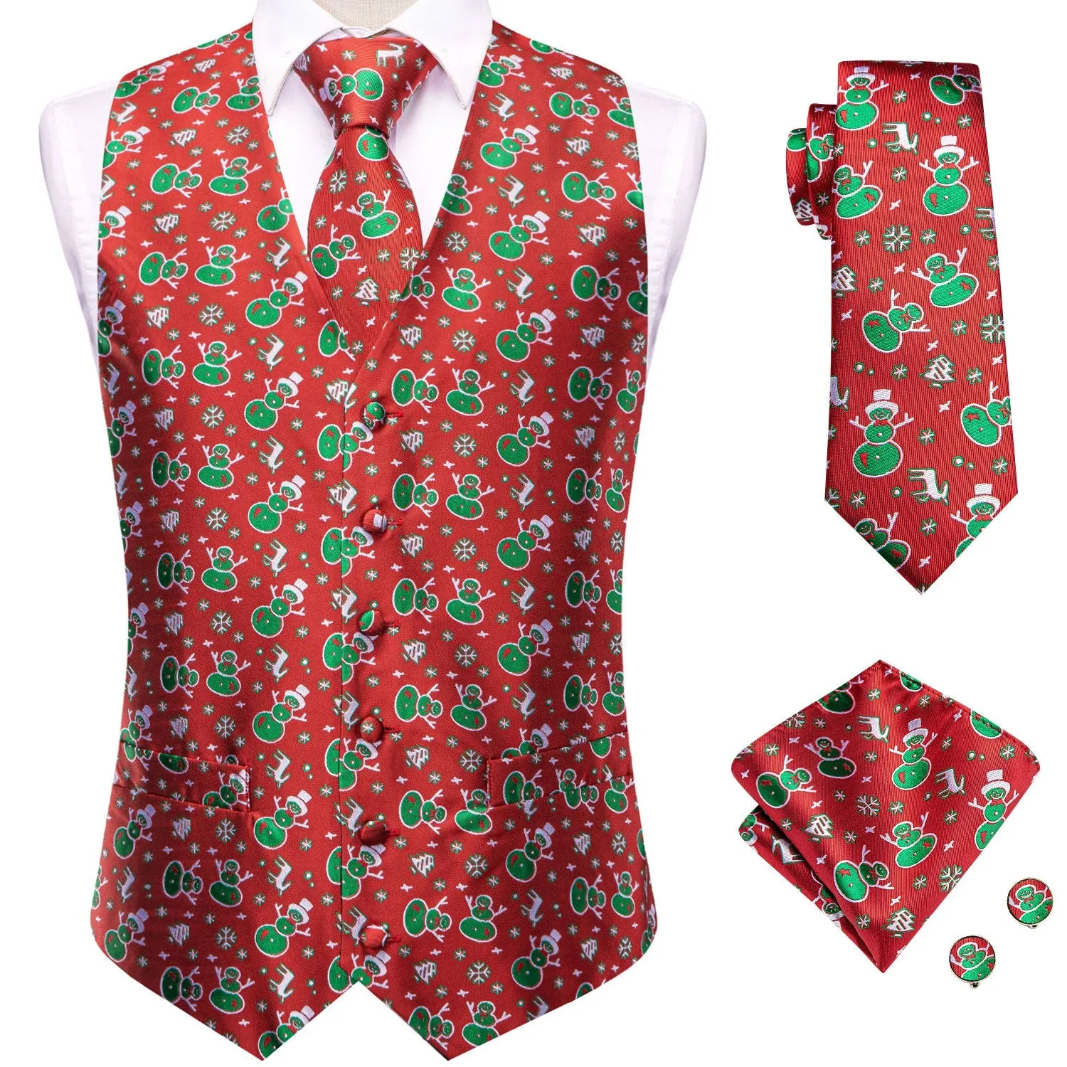 Red Christmas Green Snowman Novelty Jacquard Silk Men's Vest Hanky Cufflinks Tie Set