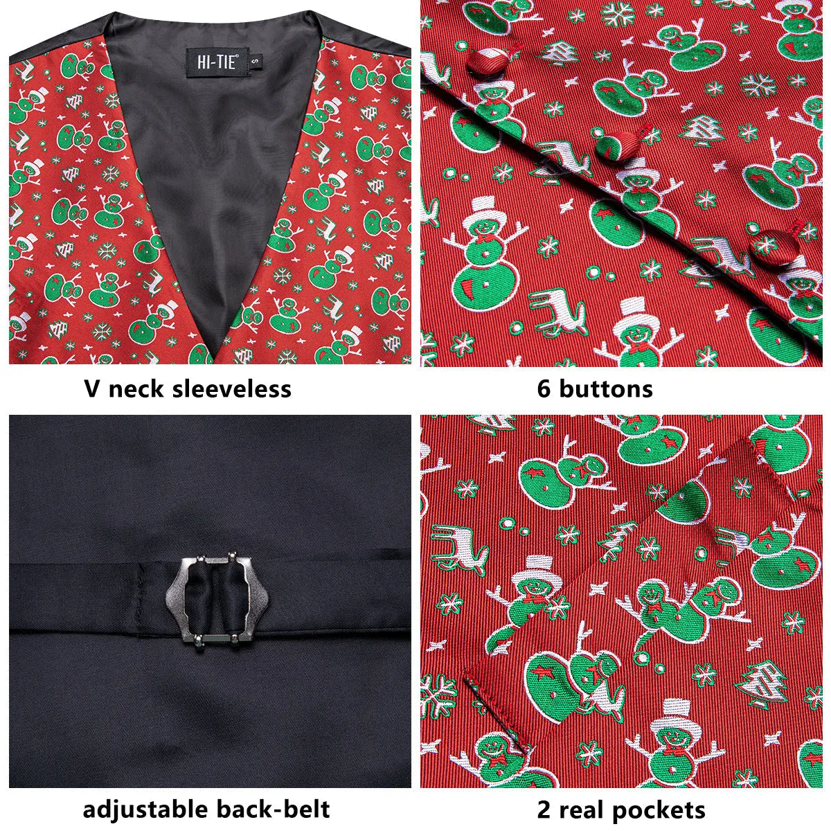 Red Christmas Green Snowman Novelty Jacquard Silk Men's Vest Hanky Cufflinks Tie Set