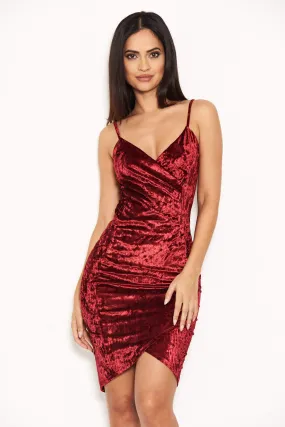 Red Velvet Bodycon Dress with Wrap Front