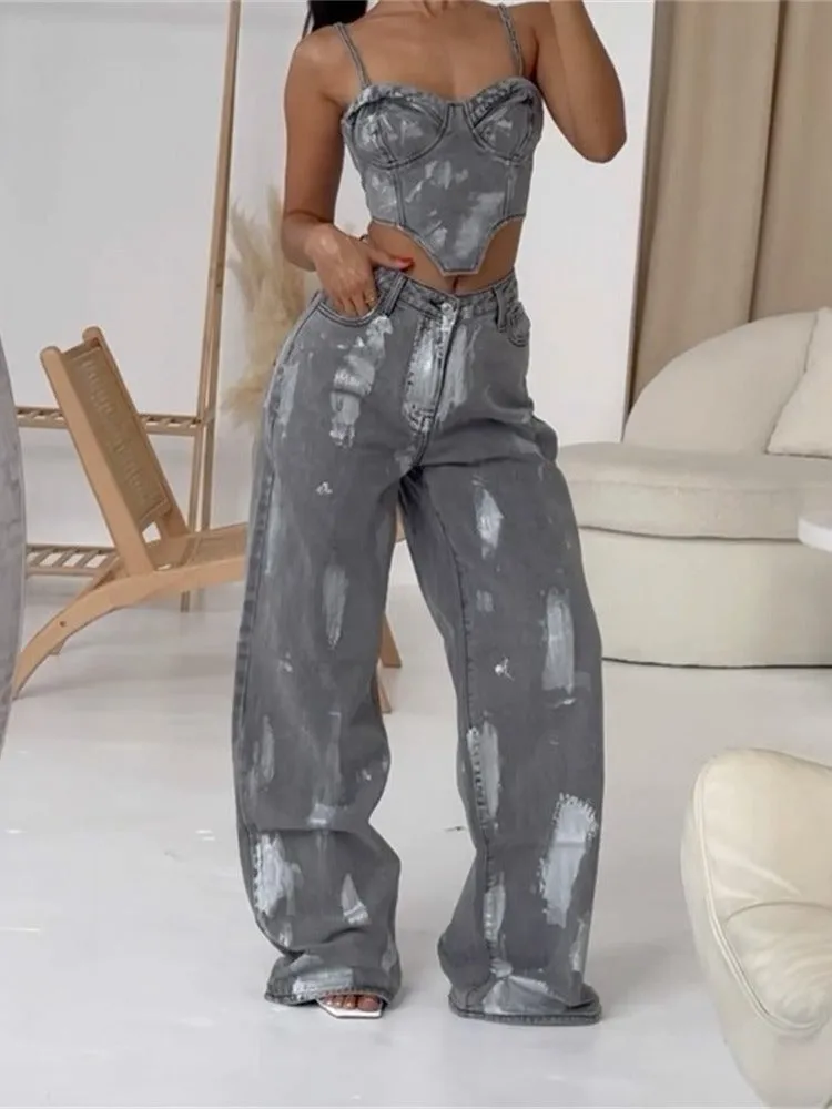 Retro Jeans Loose Straight two piece set