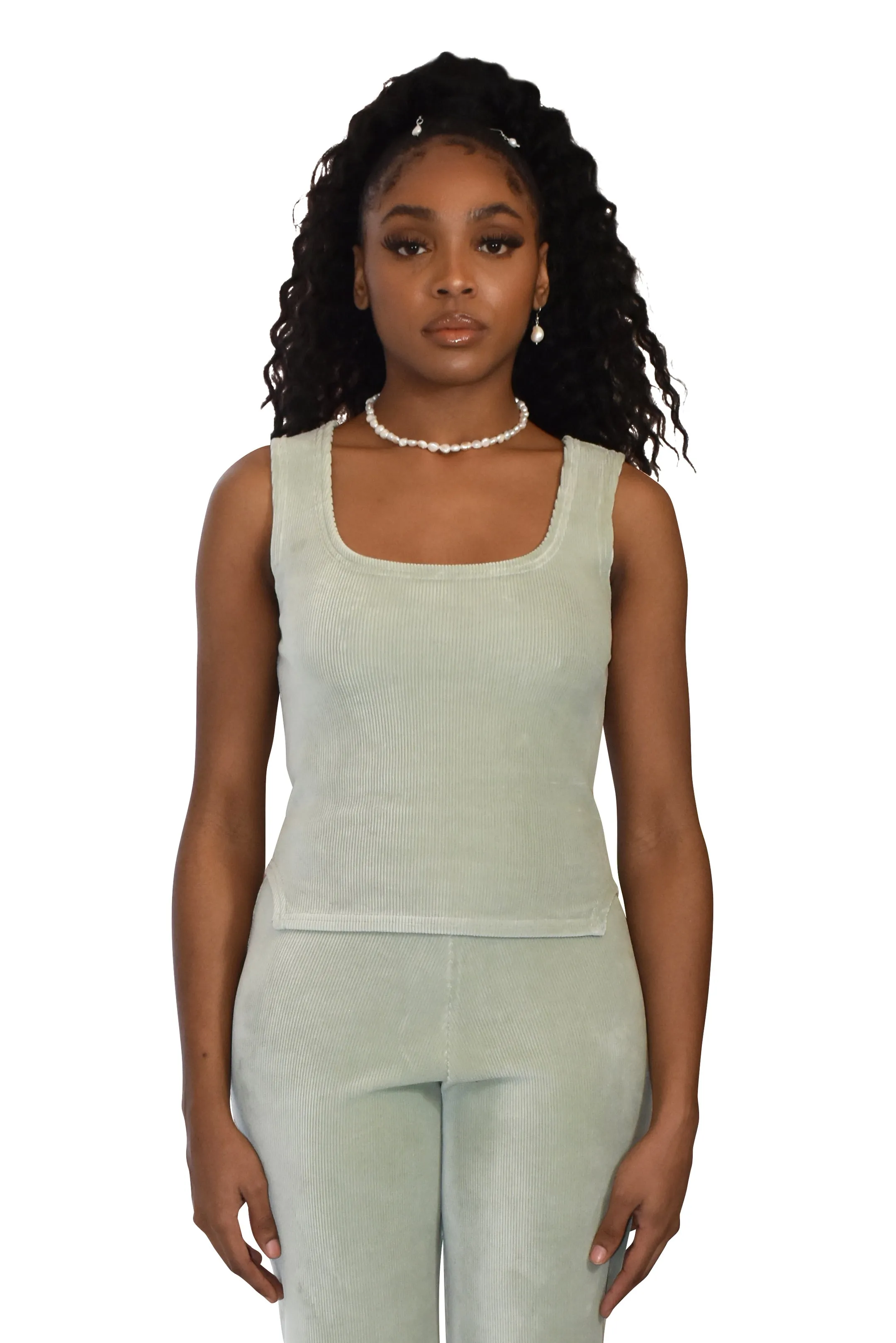 Rib Cotton Velvet Godet Vest Seafoam