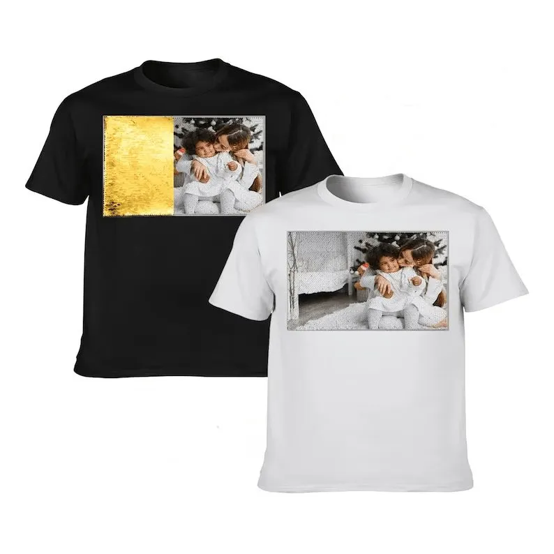 #S-6XL- Custom Photo Rectangle Sequin T-shirt Unisex Shirt DIY Cotton Sequin Tee