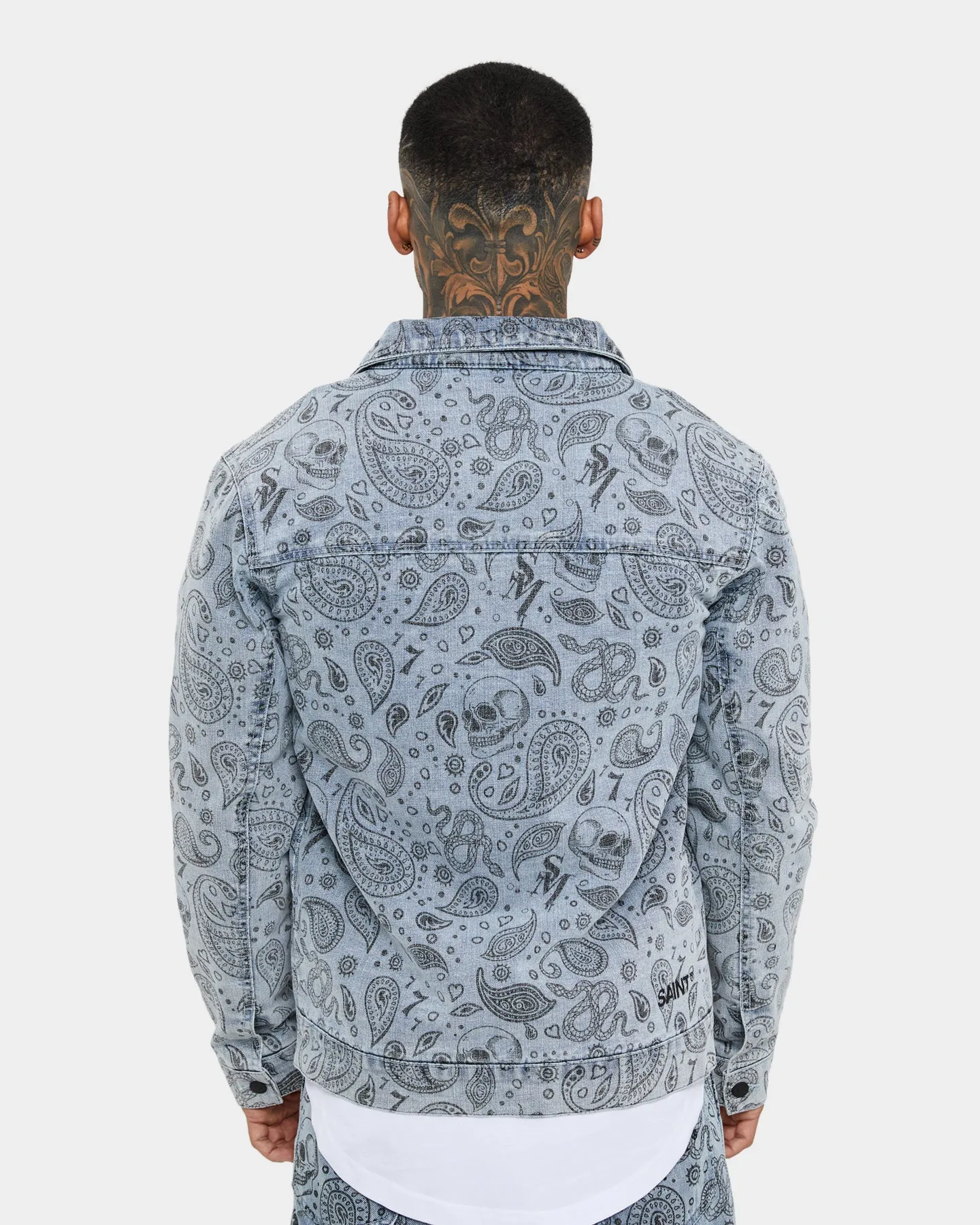 Saint Morta Paisley Skulls Sherpa Jacket Stone Wash Blue