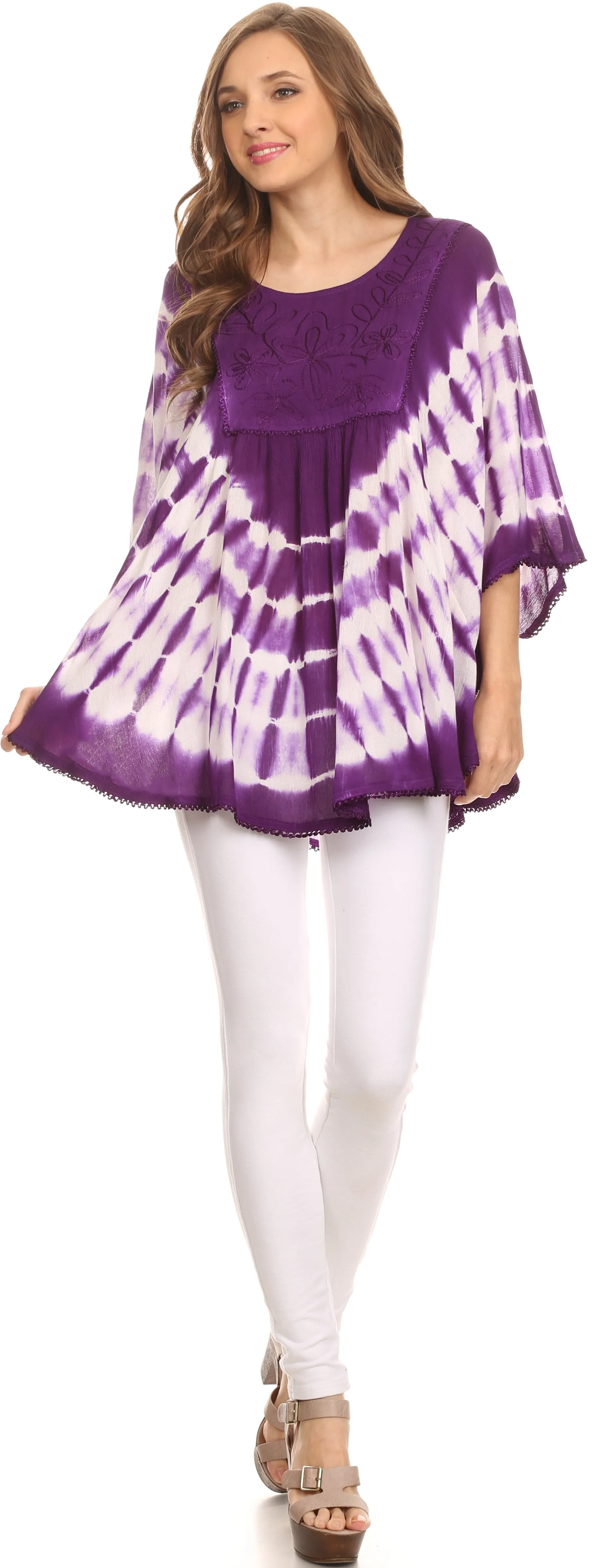 Sakkas Alannis Tie Dye Circle Poncho Top With With Wide Scoop Neck And Embroidery