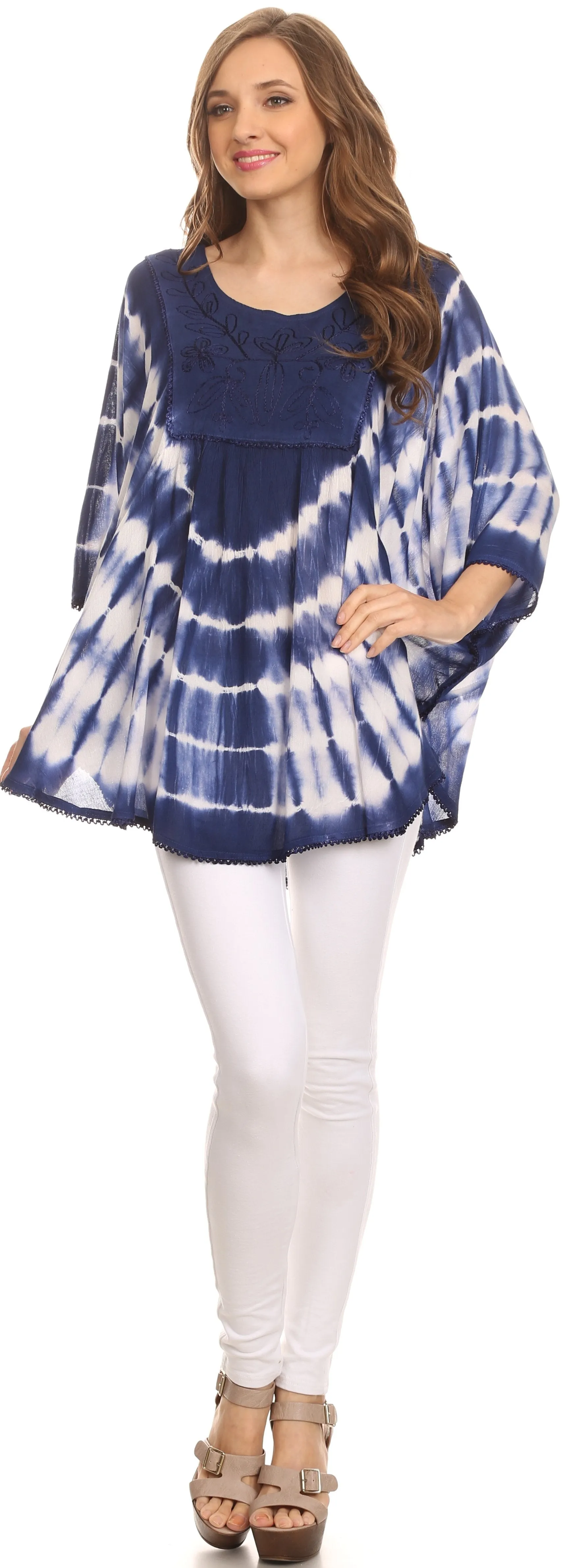 Sakkas Alannis Tie Dye Circle Poncho Top With With Wide Scoop Neck And Embroidery