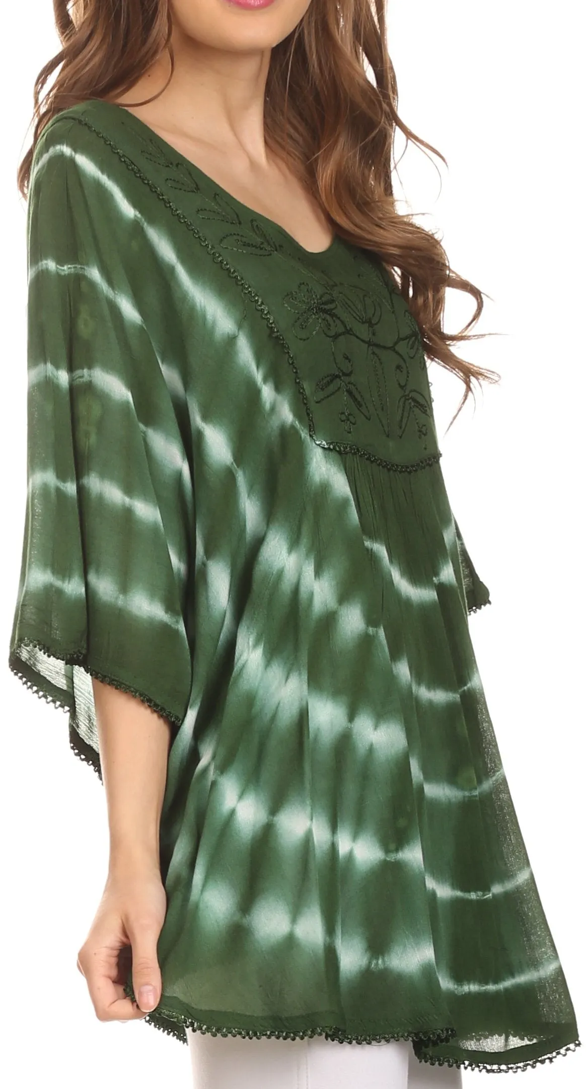 Sakkas Alannis Tie Dye Circle Poncho Top With With Wide Scoop Neck And Embroidery