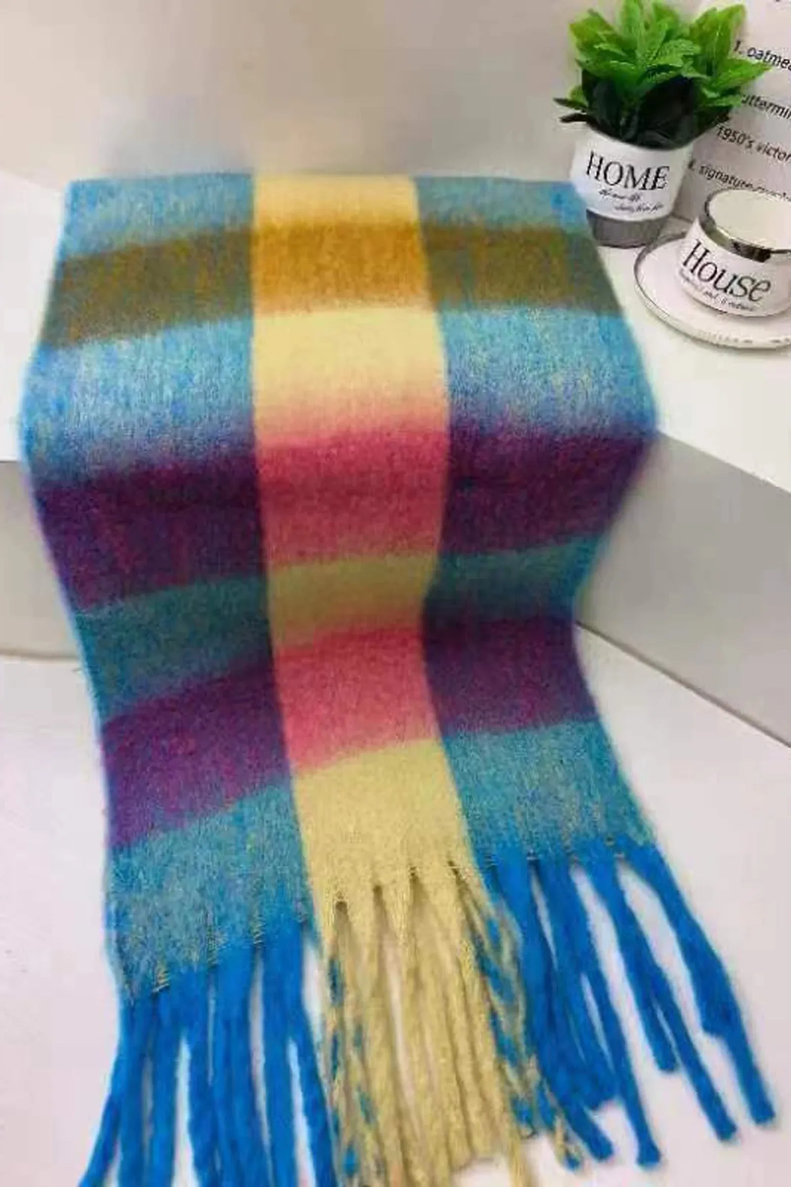 SC-7878-A Blue Pale Yellow Check Blanket Tassel Scarf