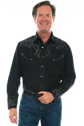 Scully Men's Black Longhorn Yoke Embroidered Western Snap Up Shirt P-912