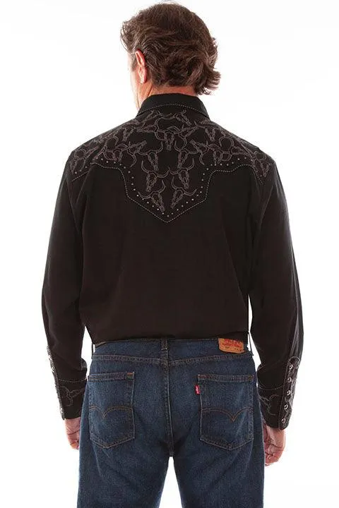 Scully Men's Black Longhorn Yoke Embroidered Western Snap Up Shirt P-912