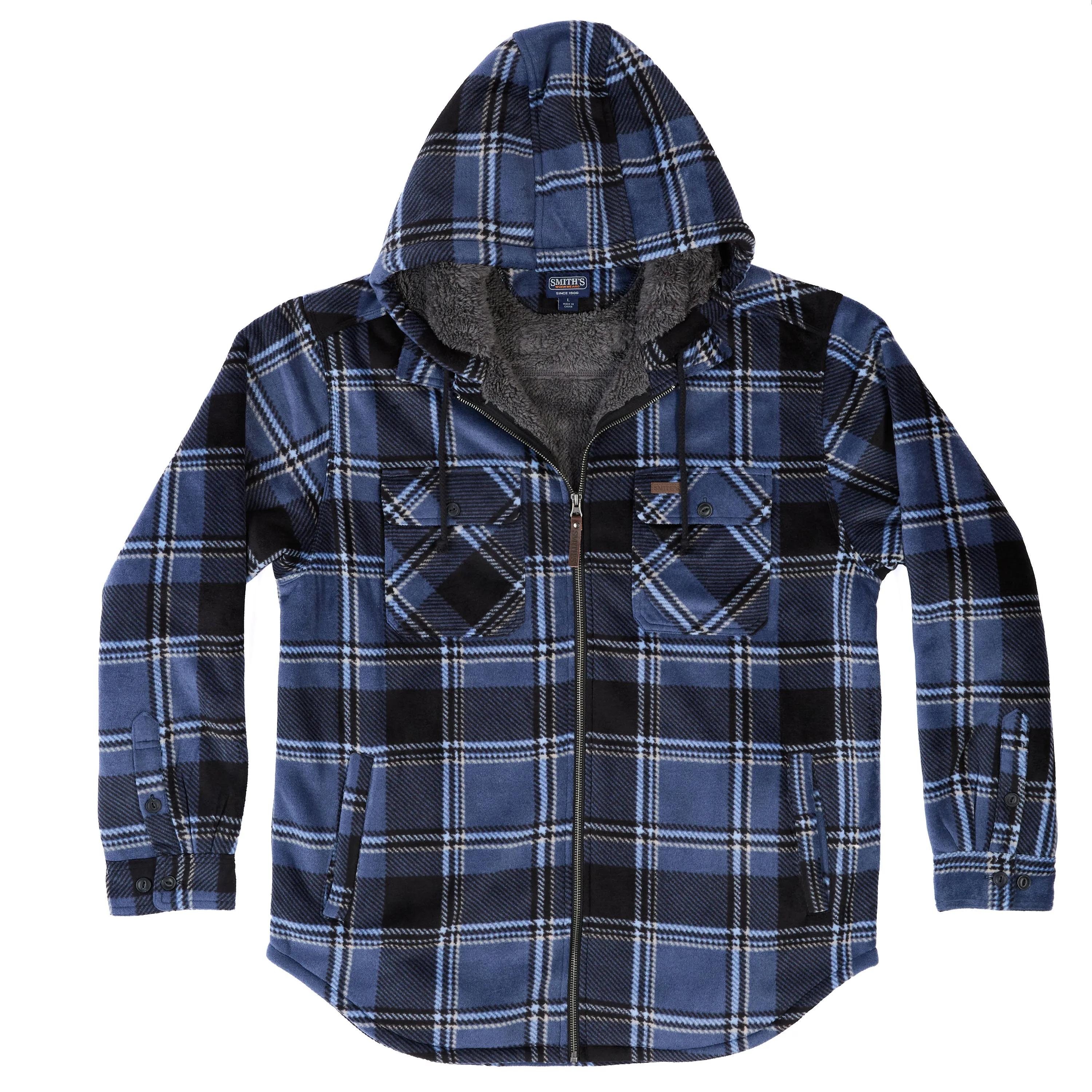 SHERPA-LINED ZIP-FRONT HOODED MICROFLEECE SHIRT-JACKET