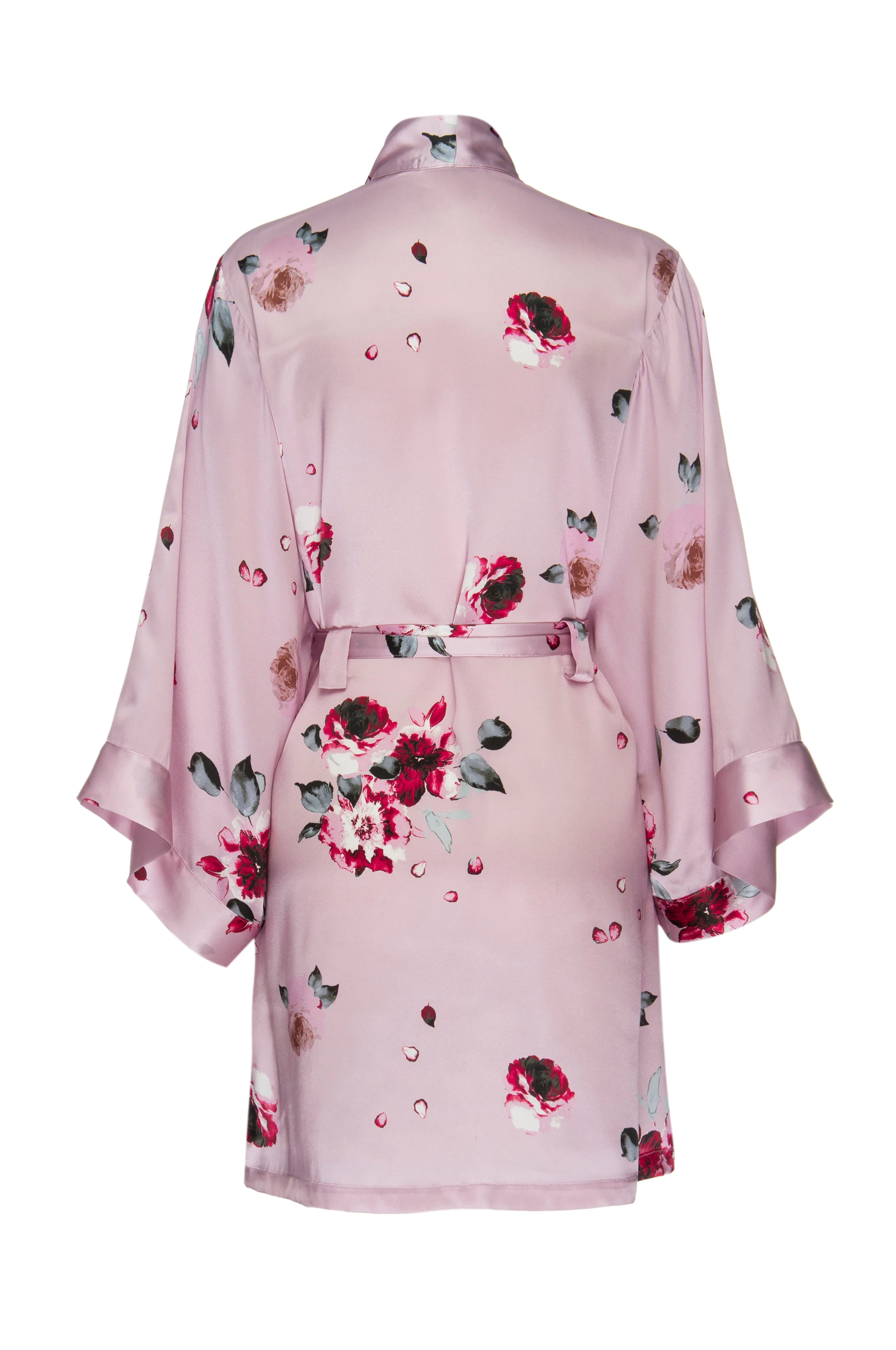 Silk Short Robe: Blush and Crimson Rose Print