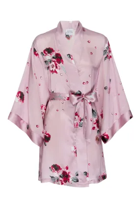 Silk Short Robe: Blush and Crimson Rose Print