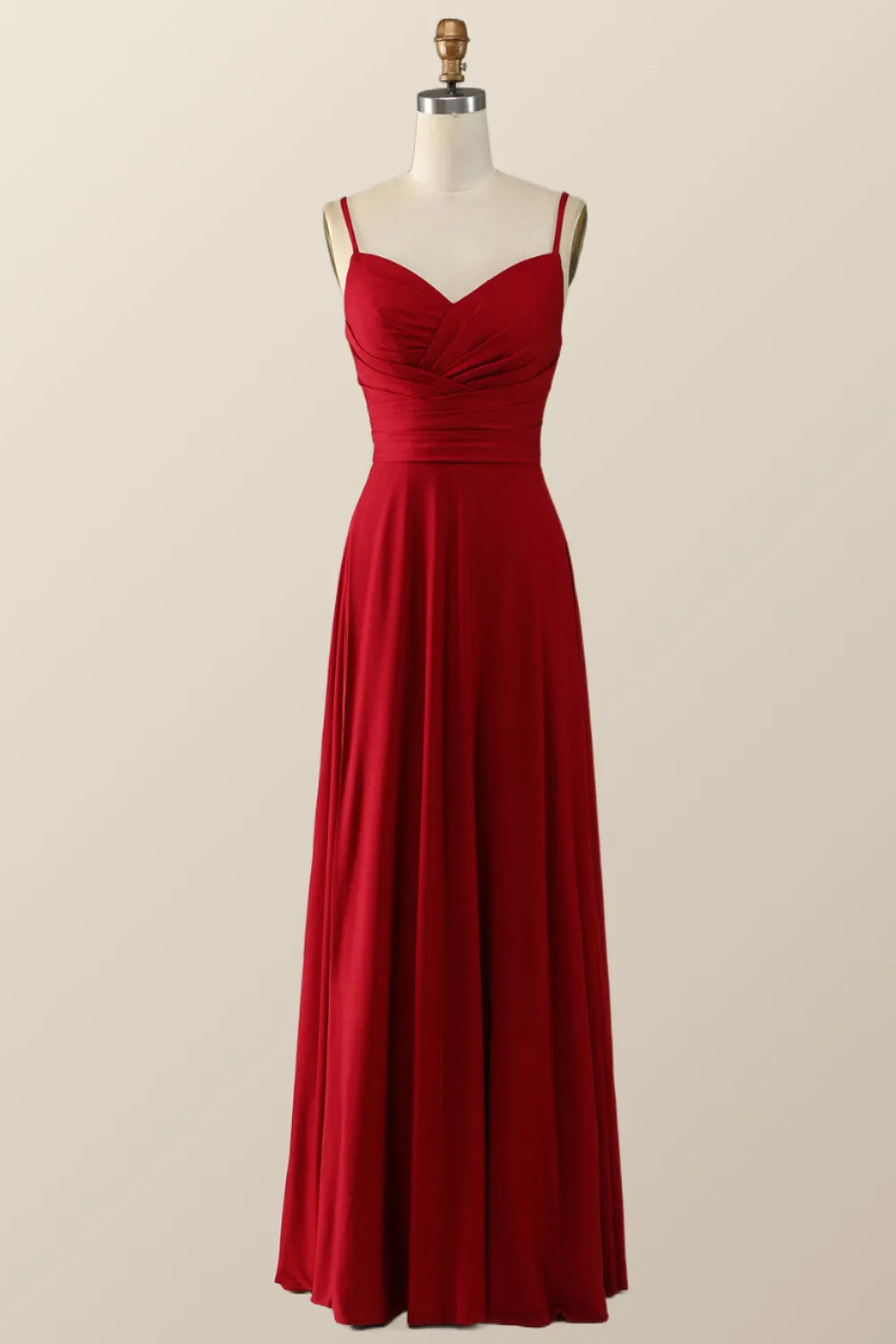 Simply Red Pleated Satin Long Bridesmaid Dress