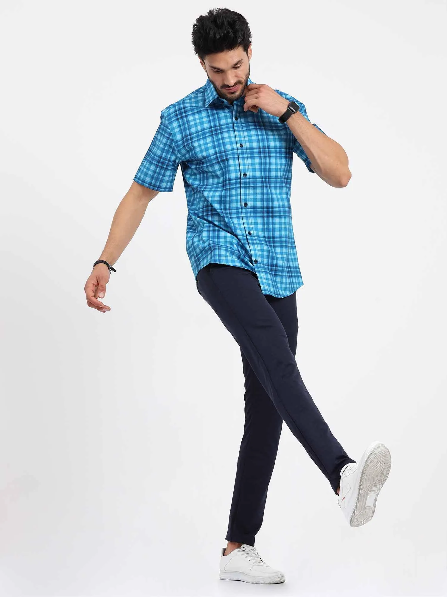 Sky Blue Large Checks Half Sleeve Shirt