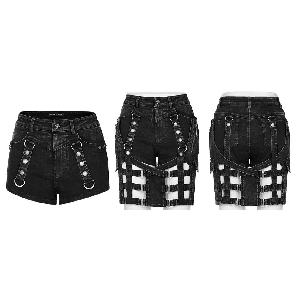 Stylish Black Denim Shorts-Skirt in Punk Style