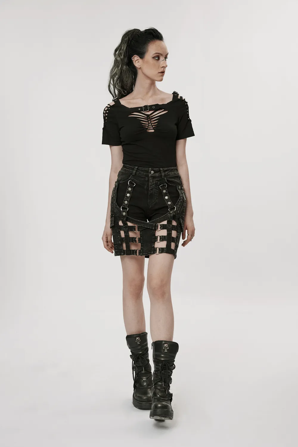 Stylish Black Denim Shorts-Skirt in Punk Style