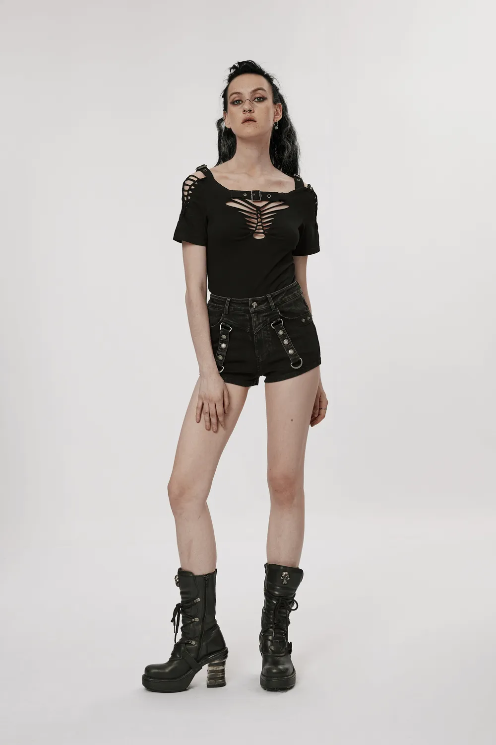 Stylish Black Denim Shorts-Skirt in Punk Style