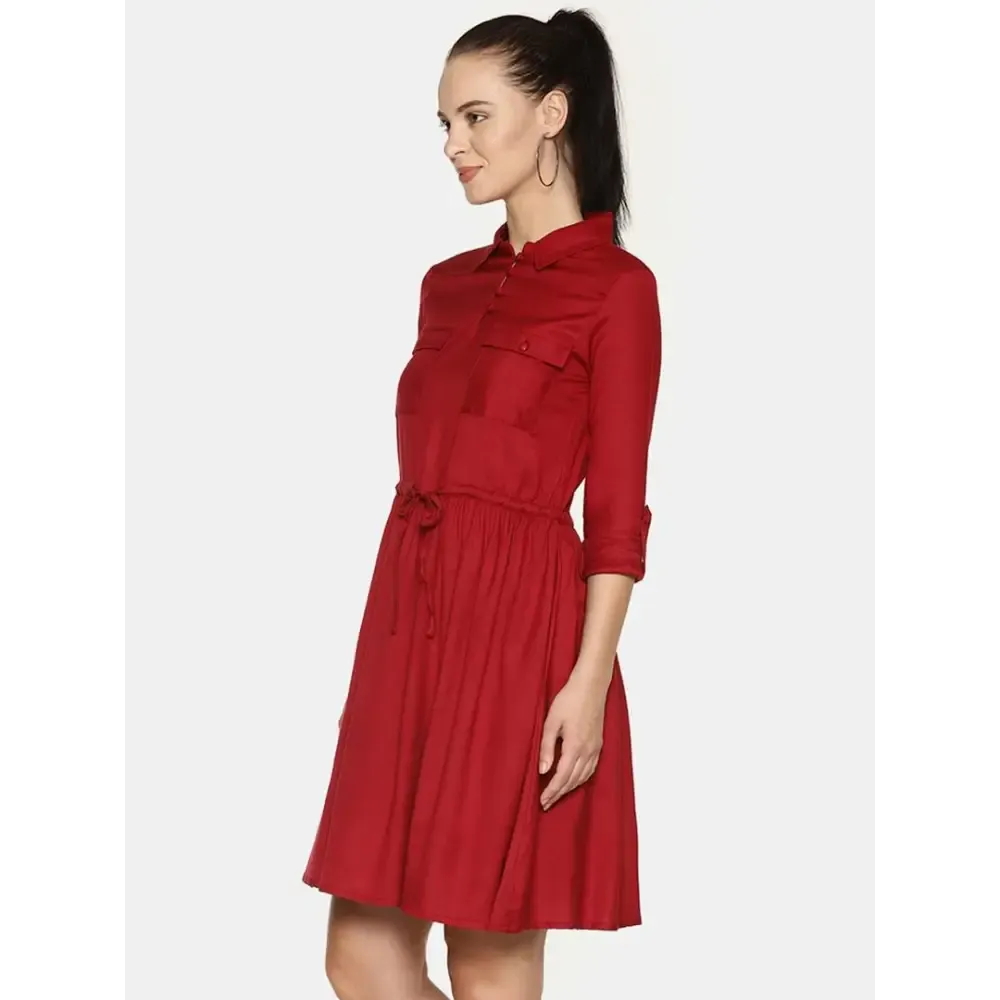 Stylish Rayon Maroon Solid Shirt Dress For Women