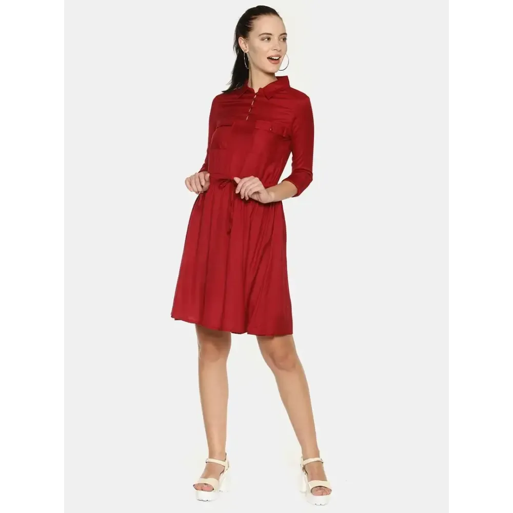 Stylish Rayon Maroon Solid Shirt Dress For Women