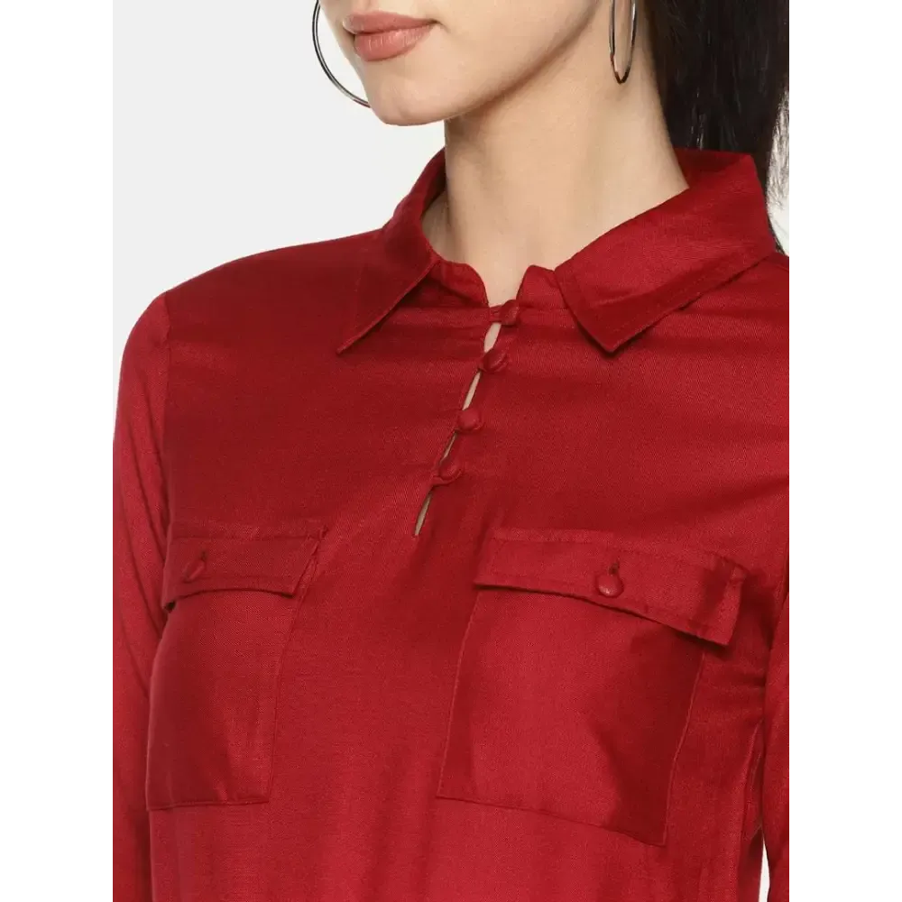 Stylish Rayon Maroon Solid Shirt Dress For Women