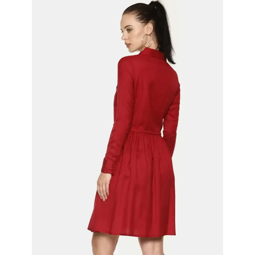 Stylish Rayon Maroon Solid Shirt Dress For Women