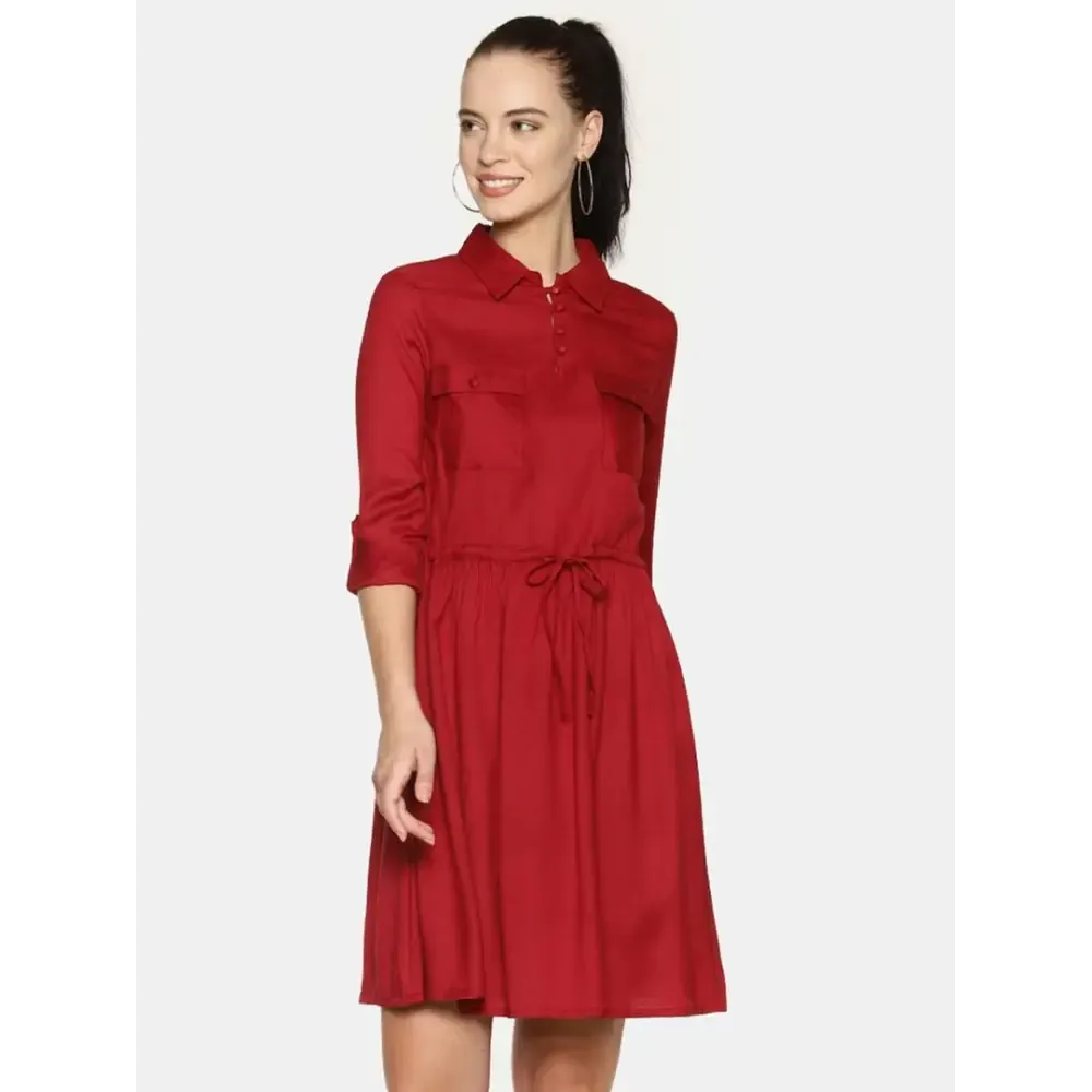 Stylish Rayon Maroon Solid Shirt Dress For Women