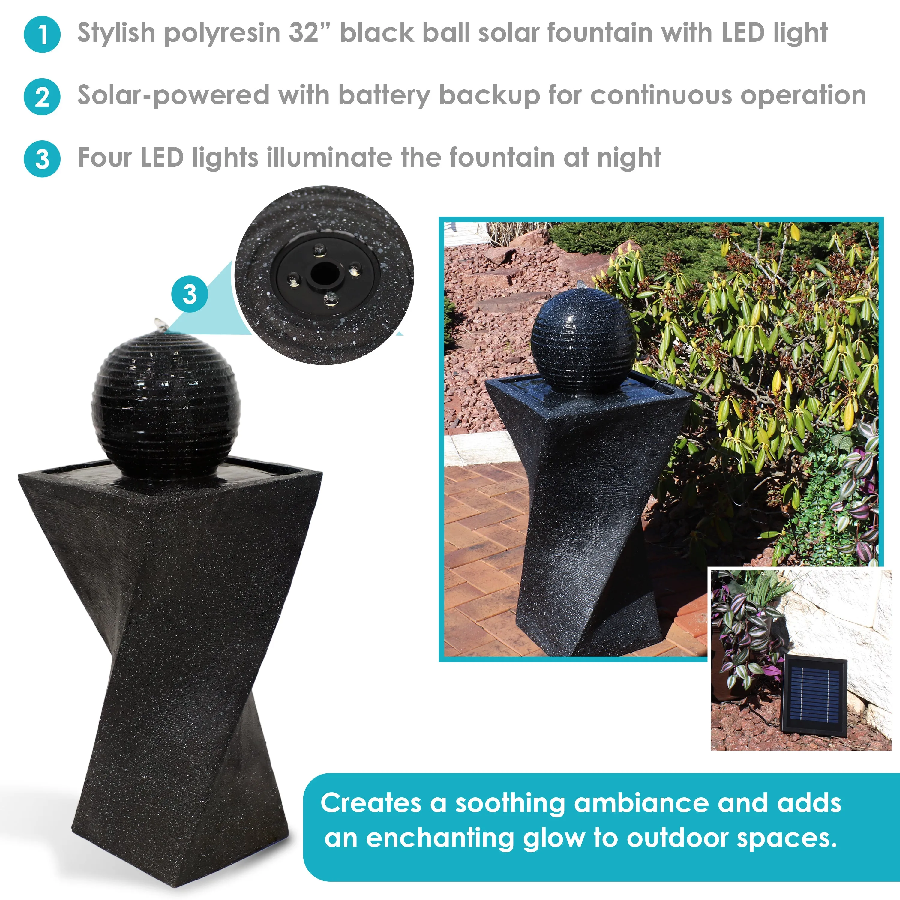 Sunnydaze Black Ball Solar Water Fountain with Battery Backup - 32" H