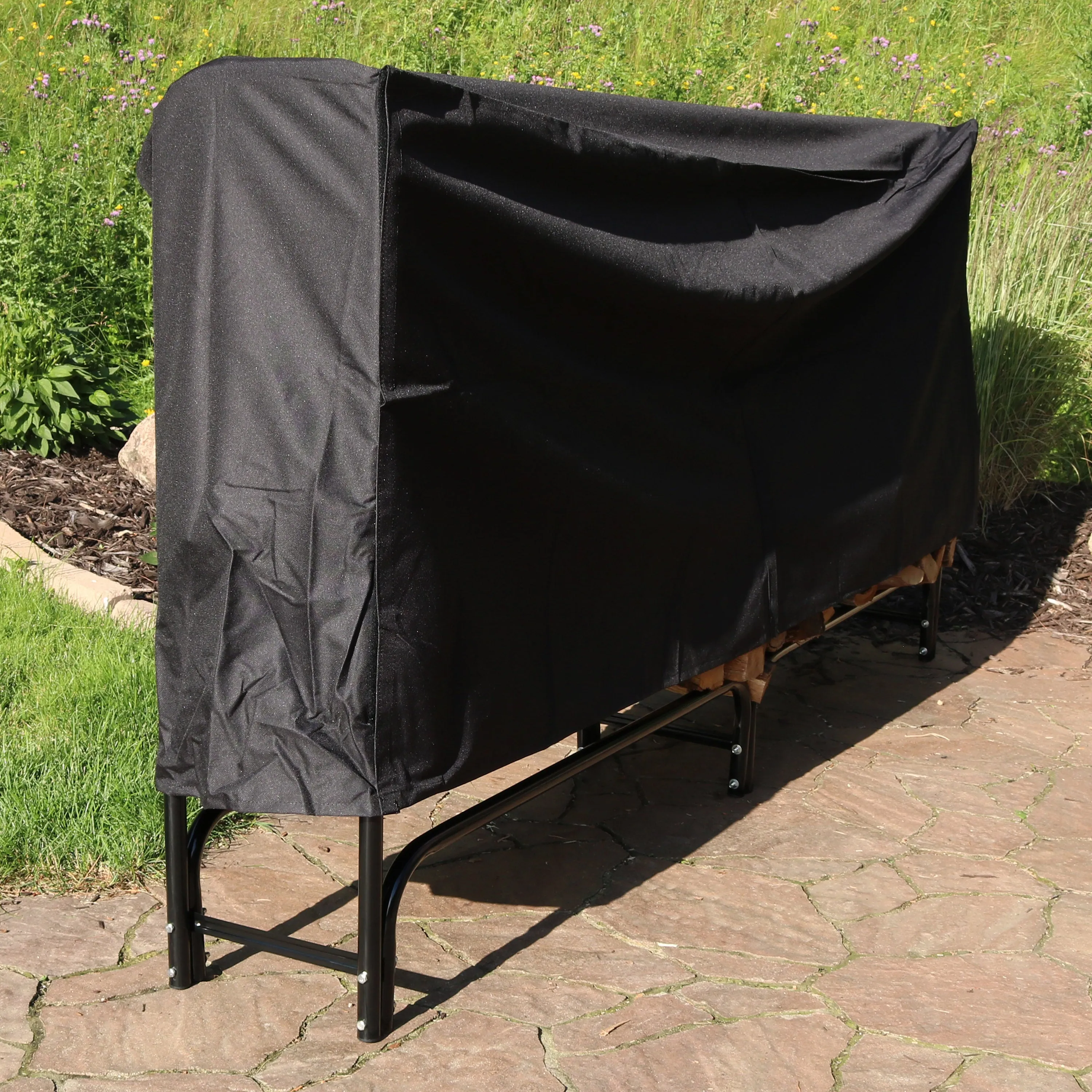 Sunnydaze Outdoor Firewood Log Rack with Cover Combo - Black