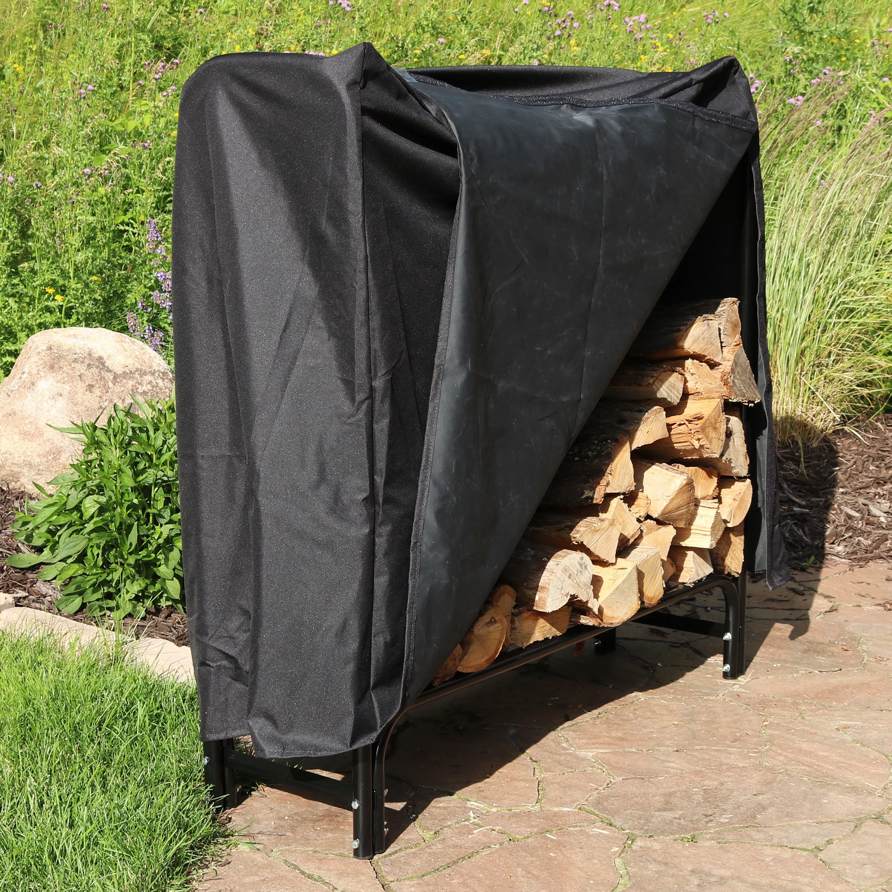 Sunnydaze Outdoor Firewood Log Rack with Cover Combo - Black