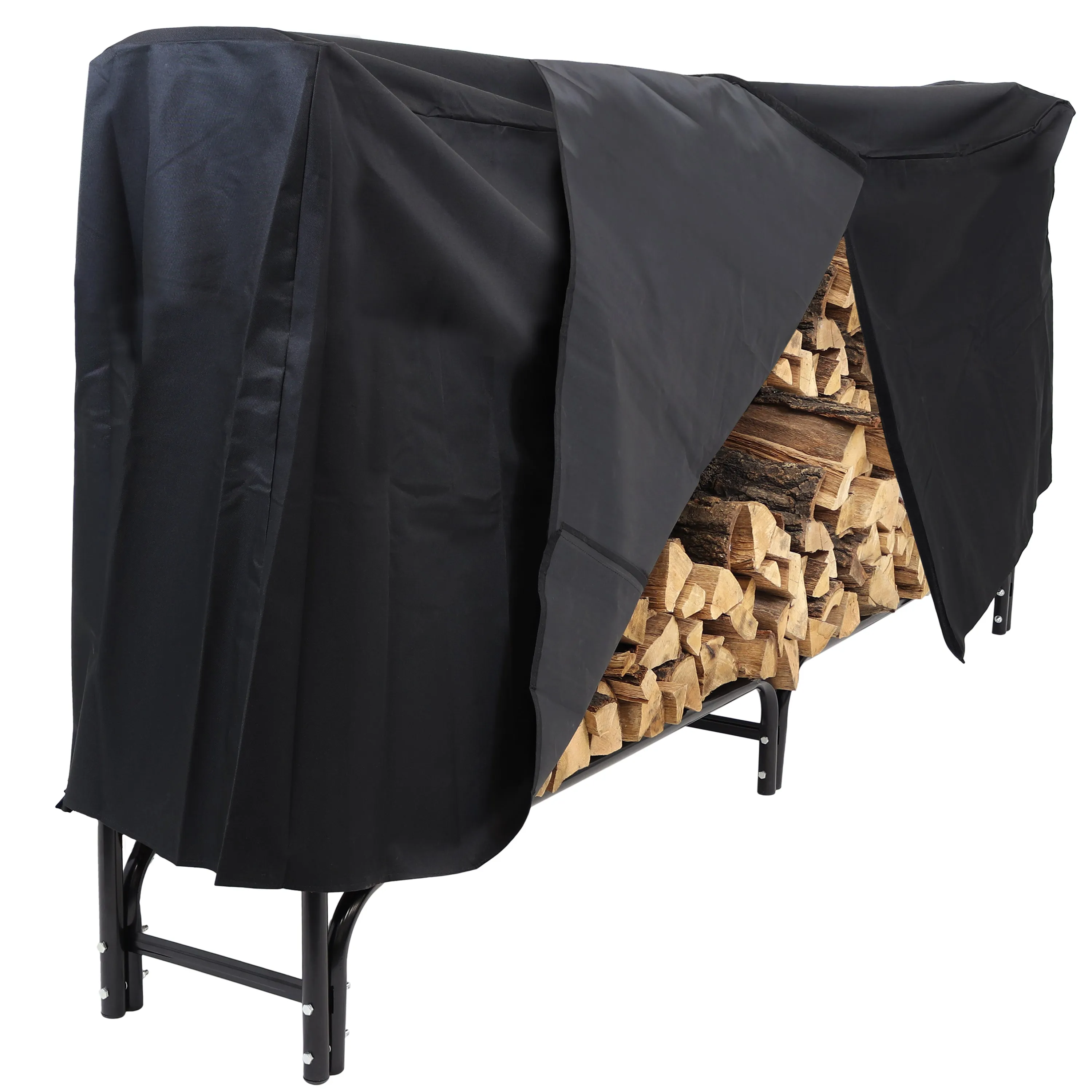 Sunnydaze Outdoor Firewood Log Rack with Cover Combo - Black