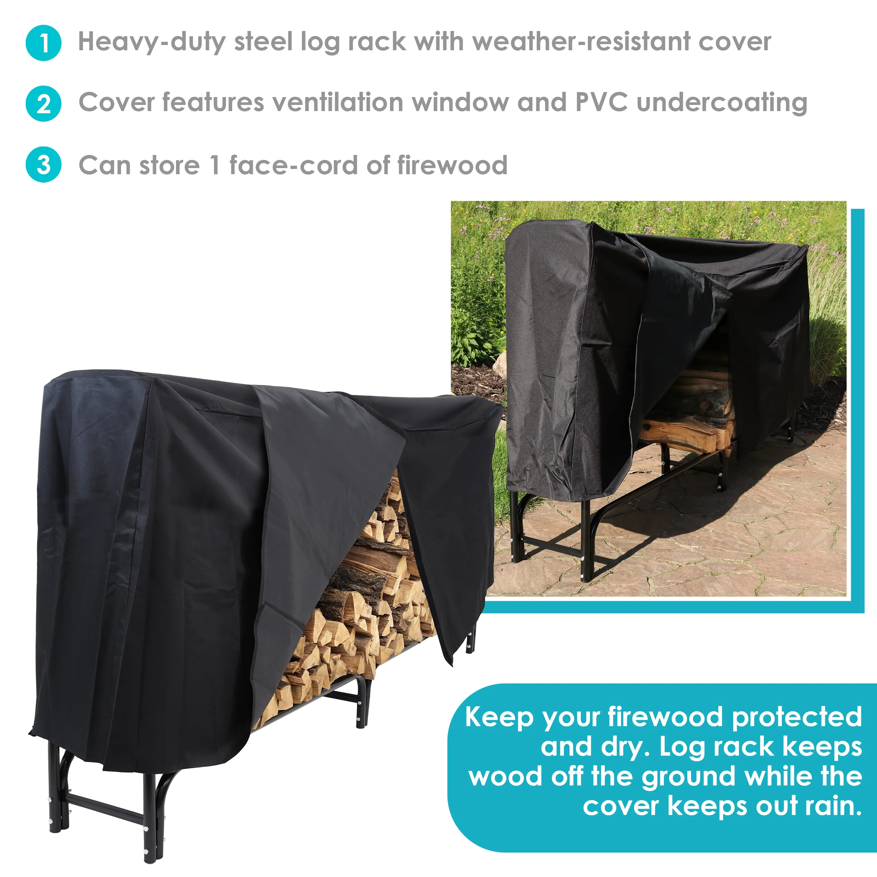 Sunnydaze Outdoor Firewood Log Rack with Cover Combo - Black