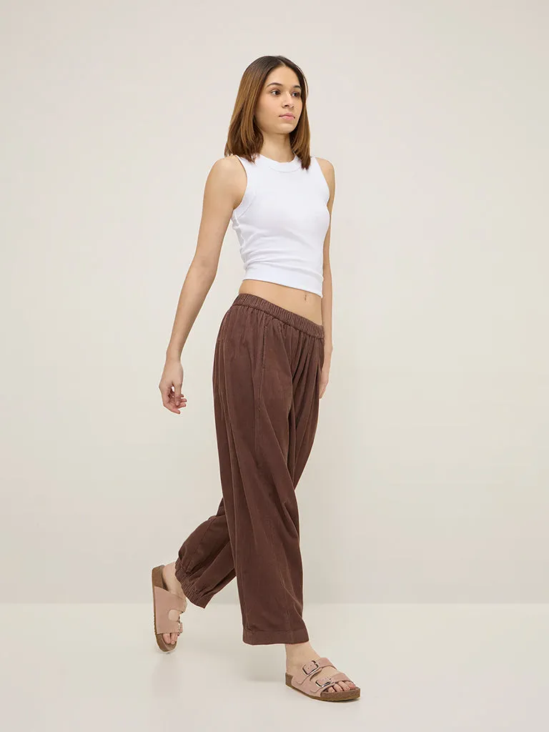 Superstar Brown Ribbed High-Rise Cotton Baggy Joggers