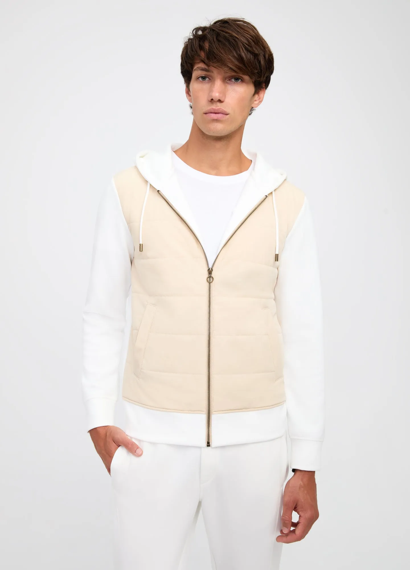 Tech Quilted Neoprene Zip Up Hoodie Ecru