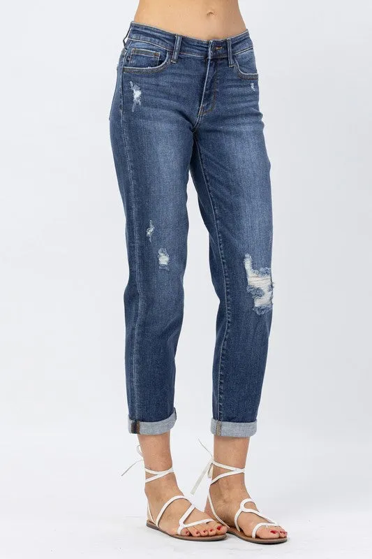 The Judy Blue Midrise Cuffed Distressed Slim Fit Jean