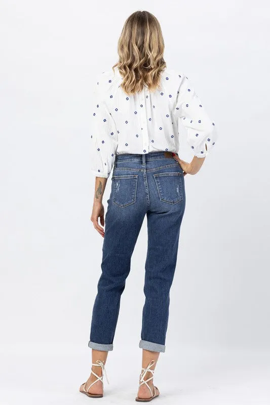 The Judy Blue Midrise Cuffed Distressed Slim Fit Jean